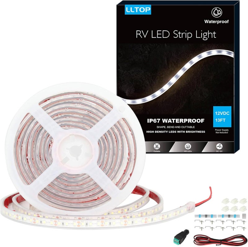 LLOP RV Awning Lights 12vdc 13ft/4m White LED Strip Camper Waterproof IP67 Motorhome Travel Trailer Canopy Outdoor RV Underglow Exterior Tape Lights - Image 1